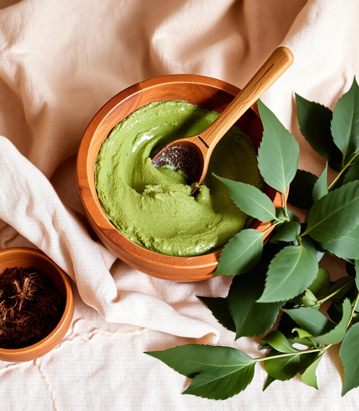 Wooden bowl of fresh henna paste with leaves